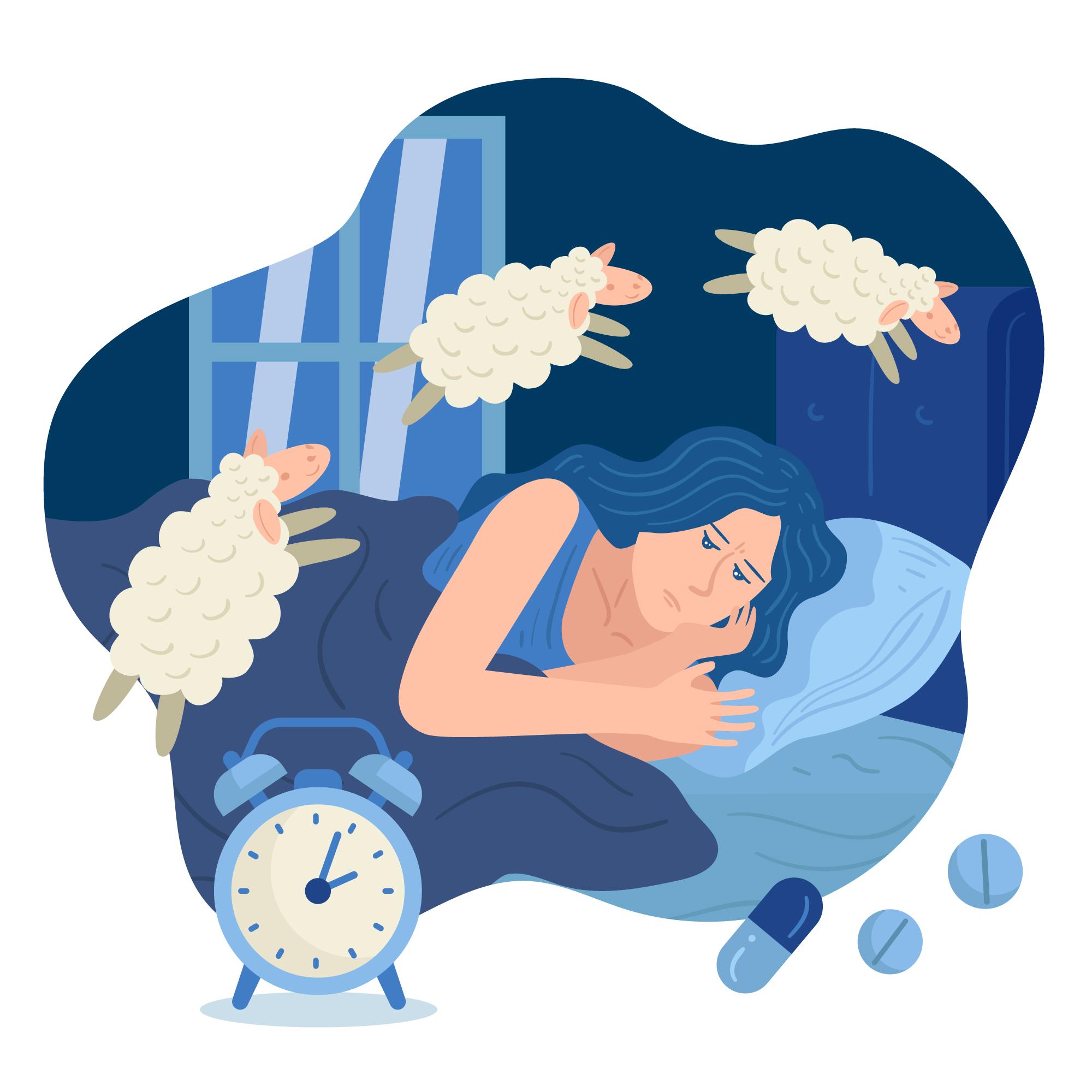 femme dormant dans son lit avec des petits moutons qui dansent au dessus de sa tête
